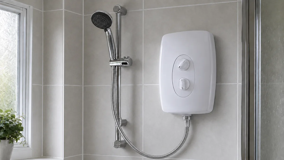 Wall-mounted electric shower in a tiled bathroom in Ashford