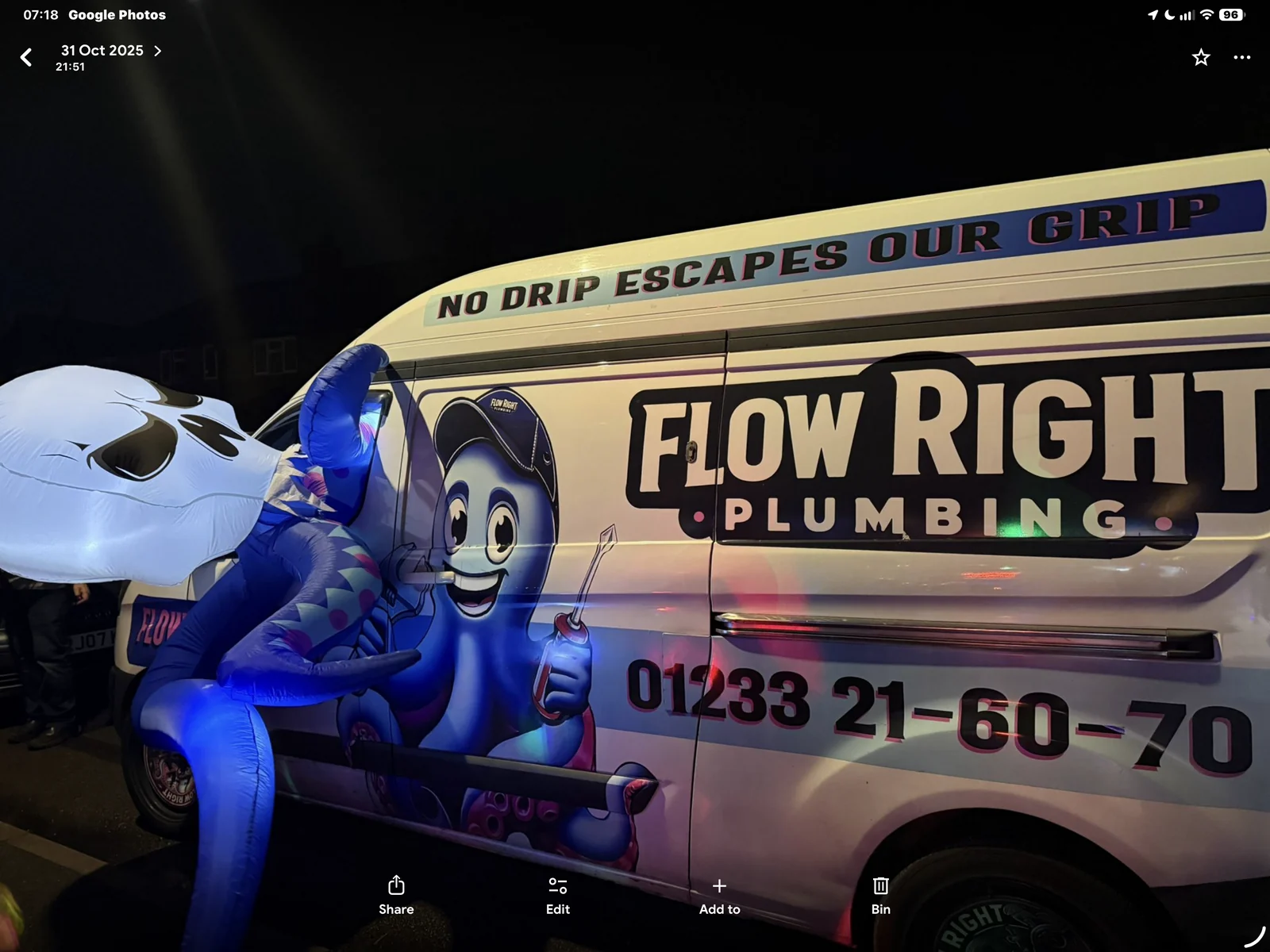 Flow Right Plumbing van with a Halloween inflatable display in Willesborough