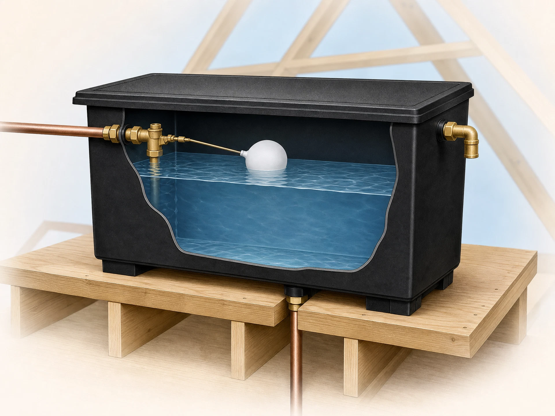 Cutaway diagram of a cold water storage tank showing float valve, overflow and water outlets