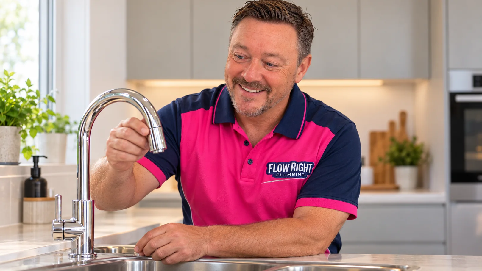 Paul from Flow Right Plumbing inspecting a kitchen mixer tap