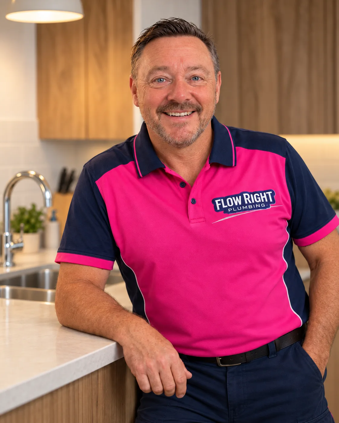 Paul Godden of Flow Right Plumbing, Ashford, beside a kitchen sink.