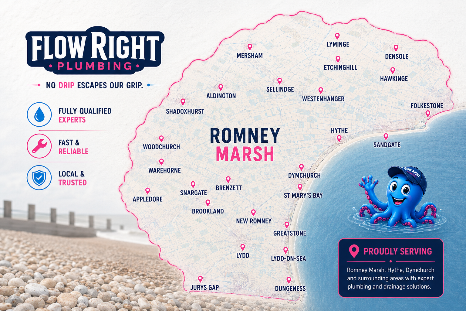Flow Right Plumbing service area map showing Romney Marsh, Hythe, New Romney, Dymchurch, Lydd and surrounding villages